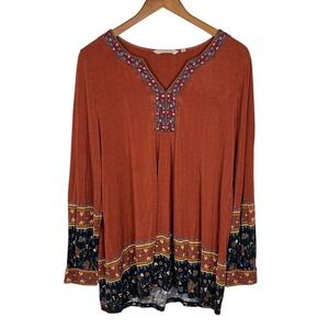 Soft Surroundings Womens Medium Oversized Top Rust Orange Boho Embroidered Earth